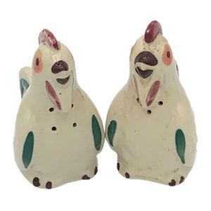 Shawnee Pottery Rooster and Chicken Salt & Pepper Shakers White Maroon Green Vtg